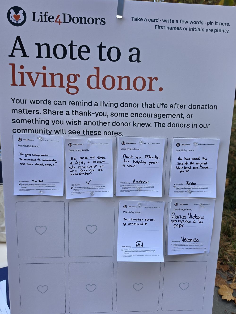 The Life4Donors message board, headed A note to a living donor, with handwritten cards pinned to it — one reads: you gave many more tomorrows to somebody and their loved ones!