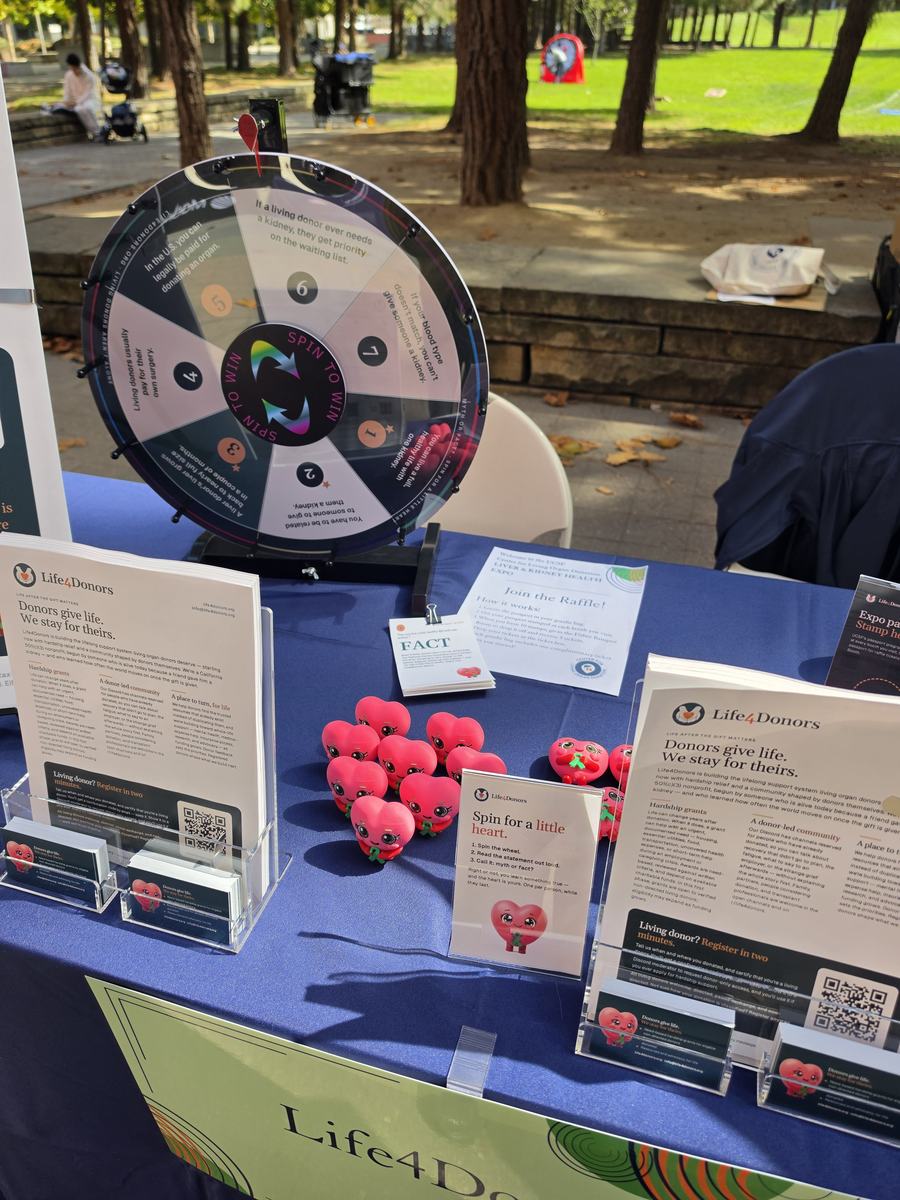 A myth-or-fact wheel, pink heart keepsakes and Life4Donors information on a blue-covered table