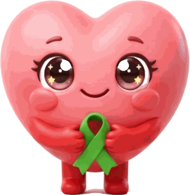 Liv, a pink heart character with big eyes and a green ribbon held in both hands